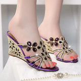 Version 2024 Summer New Women's Sandals Leather Diamond Slope Heel Women's Sandals High-Heeled Crystal Diamond
