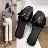Women Slippers Leather Square Toe Women Flats Flip Flops Designer Ladies Slides Sandals Women Shoes Luxury