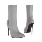 Boots Women 2023 Autumn Winter Stiletto Black PU Leather Flock Sexy Nightclub Pumps Size 34~48 Party Shoe Zapatos De