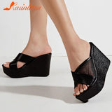 Summer 2023 New Arrivals Women's Sandals Peep Toe Wedge High Heels Slipper Shiny Rhinestones Comfy Walking