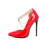 Office Lady Classic Pumps Spring Autumn Thin Extreme High Heels 12cm Stilettos Chain Decorate Glossy PU Leather Party