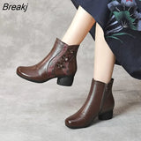 Winter Genuine Leather High Heels Ankle Boots For Women Warm Boots Side Zipper Soft Comfortable Cow Leather