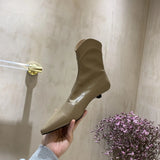 Pointed Toe Women's Leather Boots Sexy Stilettos High Heels Solid Color Low Heel Ankle Boots Zipper Short Bota