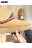 Women Shoes Suede Flats Platform Warm Causal Slippers 2023 New Autumn Winter Snow Boots Fur Round Toe Slingback Mujer