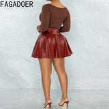 Hight Waist PU Leather Pleated Stacked Mini Skirt Women Fashion Black Brown Red Streetwear Female Spring Party