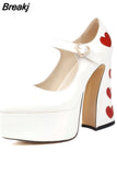 Pumps Round Toe Chunky Block Heel Ankle Strap With Heart 2023 Spring Brand New High Heels Mary Janes Women