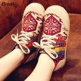 Women Linen Shoes Boho Cotton Linen Canvas Single National Woven Round Toe Lace Up Cloth Shoes Woman High Top Flats Size