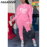 Hoodies Sporty Two Piece Set Women PINK Letter Print Sweatshirt And Skinny Pants Tracksuit Autumn Winter Casual