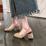 Korean Version Square Head Thick-Heeled Baotou Sandals Women's Shoes 2024 Spring And Summer New Style Retro High-Heeled