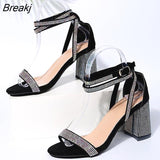 Summer New Silver Shiny Crystal Sexy Women's Sandals Stiletto Wedding Party Fashion Square Root Ladies Shoes and