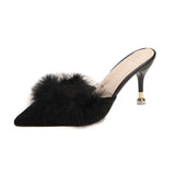 Women High Heels Shoes 2023 Summer New Fur Pointed Toe Thin Heels Women Mules Dress Party Outside Ladies Slippers Plus Size