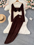 Women Sexy 2 Piece Set Fashion Streetwear Square Collar Long Sleeve Crop Top + Elastic Waist High Slit Long Skirt