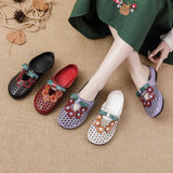 Summer New Flat Bottom Low Heel Women's Shoes National Wind Leather Flower Slippers Hollow Breathable Comfortable Hole Hole
