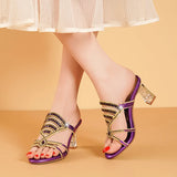 Drill Sandals Summer New Women's Sandals Middle Heel Fashion Crystal Thick Heels High Heels Wear Women's Slippers