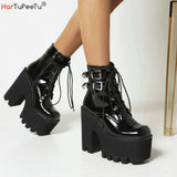 Gothic Punk Womens Platform Ankle Boots Black Buckle Strap Zipper Wedges Shoes Chunky Heel Combat Boots Plus Size