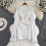 Women Pink Dress 2023 New Autumn Fashion O-neck Long Sleeve Holes Drawstring Lace-up Slim Stretch Mini Party