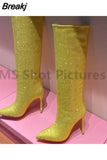 Women High Heels Shoes Crystal Rhinestone Pointed Toe Demonia Boots Stiletto Women's Knee High Boots Sexy Slip-On Botas De