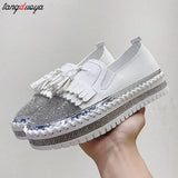 43 Luxury Crystals Round Toe Flats Women Pink white Bordered Fringe Platform Casual Female Rhinestone Women Shoes