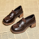 British Style Women's Shoes Fashion Loafers Spring Autumn Bow-knot Square Toe Chunky High Heel Brown Small Leather