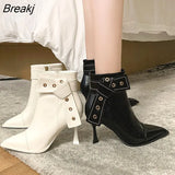 Women's Ankle Martine Boots 2022 Autumn Winter High Heels Stiletto Belt Buckle Pointed Toe Sexy Shoes PU Leather Zip Bota