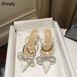 Temperament Commuter Pointed Shallow Mouth Rhinestone Bow Baotou Back Empty Sandals Slippers Stiletto High Heels