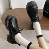 Patent Leather Platform Loafers Women 2023 Preppy Style Lace Up Oxford Shoes Woman Black Thick Bottom Y2K Shoes