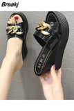 Women Slippers Chain High Heels Female Casual Shoes Summer Outside White Black Slides Ladies Beach Pantuflas De