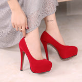 High Heels Shoes Flock Platform Heeled Shoes Pumps Women Night Club Thin Heel Sexy Plus Big Size 14cm Black Red
