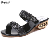 Sequin Slippers Women Summer Luxury Golden Square Heel Party Shoes Slides Woman Open Toe Med Heels Beach