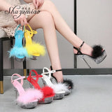 Sandals For Women Waterproof Platform Women Shoes 2023 Summer New Fur Transparent High Heels 14.5cm Female Party