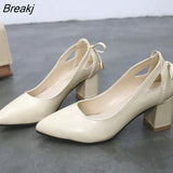 Quality Women Pumps Pure Color Square High Heels 6CM Fashion Black Leather Shallow Wedding Shoes Woman Large Size