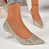 Shiny Crystal Silver Pumps Women 2024 New Clear Thick Heels Wedding Party Shoes Woman Plus Size Sequin Pointed Toe