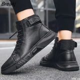 Boots Men Black PU Leather Shoes Autumn Winter Comfortable Platform Casual Shoes High-top 2023 Fashion Leahter Boots