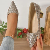 Shiny Sequin Pointed Toe Pumps for Women Wedding Party Thick High Heels Shoes Woman Shallow Mouth Pumps Plus Size