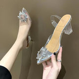 Breakj Summer New Korean Version Of The Diamond Transparent Crystal Shoes High Heel Sandals Fine Heel Women's Shoes Size 43