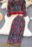 Women Two Piece Set Vintage Floral Print Puff Sleeve Pullover Tops and Elastic Waist Pleated Skirt Suits Fashion Clothing
