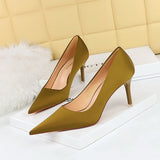Breakj Korean Version Of Fashion Simple Versatile High Heels Fine Heel High Heel Shallow Pointed Spring Silk Satin Women's Single