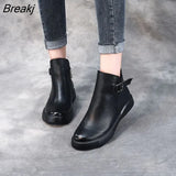 Winter Genuine Leather Ankle Boots Round Toe 2022 Handmade Lady Soft Flat Shoes Comfortable Side Zip Short