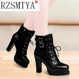 Women Autumn Ankle Boots Sexy Office High Heels Platform Boots Round Toe Leather Booties Black Pumps Ladies Party Shoes New