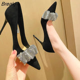 Shallow Mouth Satin Black Pointed Toe High Heels Pumps Fairy Bowknot Rhinestone Stiletto Temperament Wedding Dress