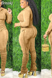 Casual Ruched Design Two Piece Sets Women Long Sleeve Side Lace Up Top And Stacked Pants Plus Size Solid Outfits