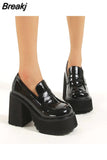 Platform Loafers Heel Patent Leather Slip on Casual Shoes Women Lady Office Shoes Japanese Lolita Black 10cm Heels