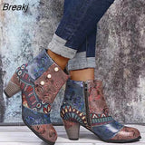 Women Shoes Splicing Printed Ankle Boots for Female PU Leather Retro Block High Heels Bohemian Ladies Spring Autumn Short