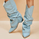 Pleated Cowgirl Boots for Women 2023 Pointed Toe Denim Mid Calf Boots Woman Fashion Thick Heels Western Botas Plus