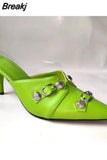New Dropship 2023 Summer Sexy Women Mules Pump Sandals 7cm Thin High Heeled Big Size 43 Open Sole Moto Biker Rivets