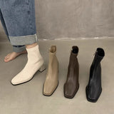 Square Head Elastic Thin French Short Boots 2024 New Autumn And Winter Brown Martin Boots Single