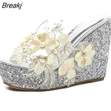 Summer Flower Decoration Platform Wedges Sandals Women Fashion Silver High Heels Female Summer Gold Shoes Size