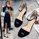 High Heel Sandals Women's Shoes Women's Summer Women's Leather Velvet Open Toe Thick Heel Buckle Bag Heel Size