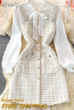 Women Two Piece Set 2023 Korean Fashion Bowtied Collar White Blouse and Spaghetti Strap Single Breasted Mini Tweed Dress