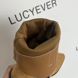 New Embroidery Pointed Toe Western Boots Women Slip On Thick Heels Mid Calf Boots Woman Brown Flock Cowboy Botas